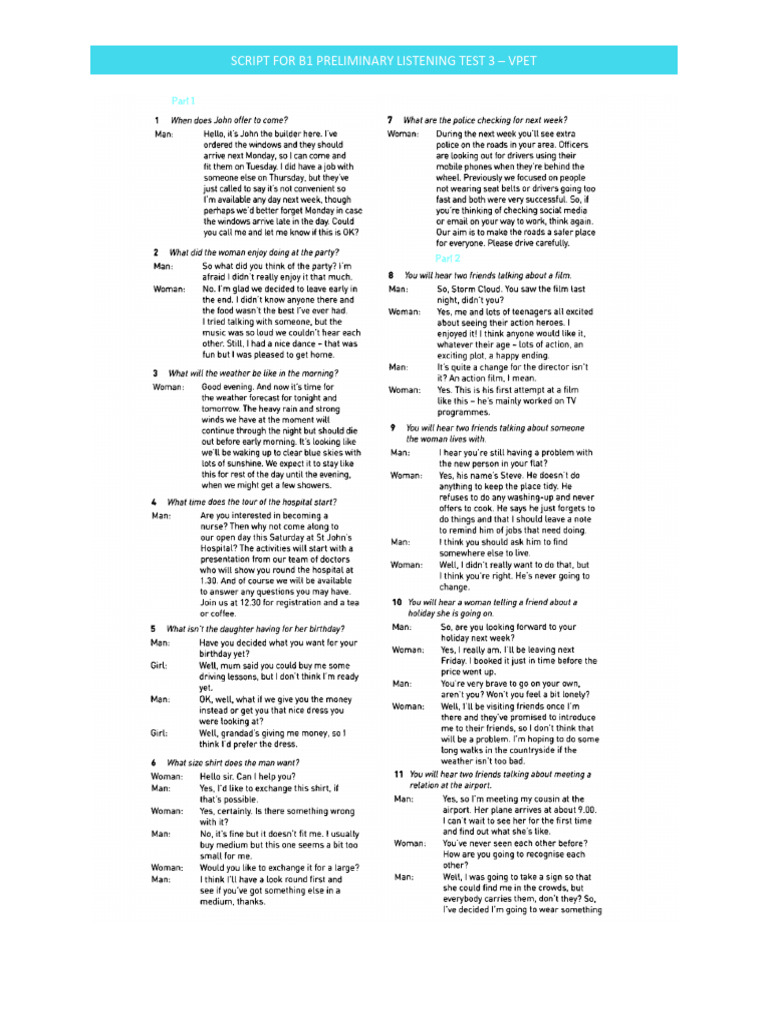 Script For B1 Preliminary Listening Test 3 | PDF