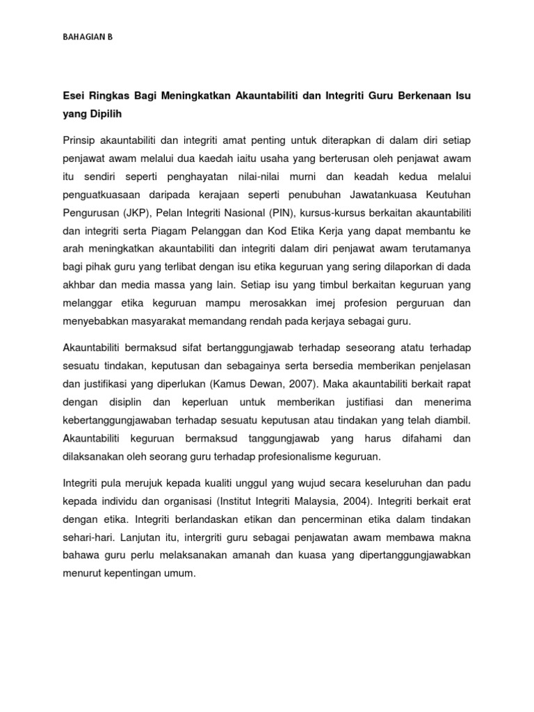 Esei Ringkas Bagi Meningkatkan Akauntabiliti Dan Integriti Guru Berkenaan Isu Yang Dipilih Pdf
