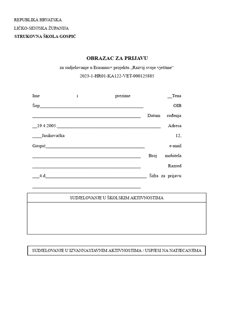 Obrazac Za Prijavu | PDF