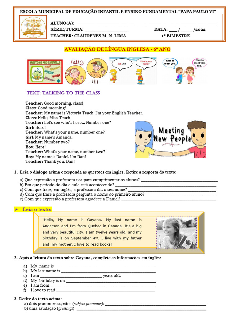 2 Avaliação de Inglês - 6º Ano (1º Bimestre) | PDF