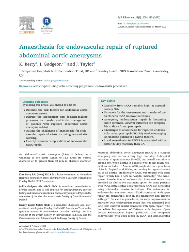 Anaesthesia For EVAR and Ruptured AAA | PDF | Interventional Radiology ...