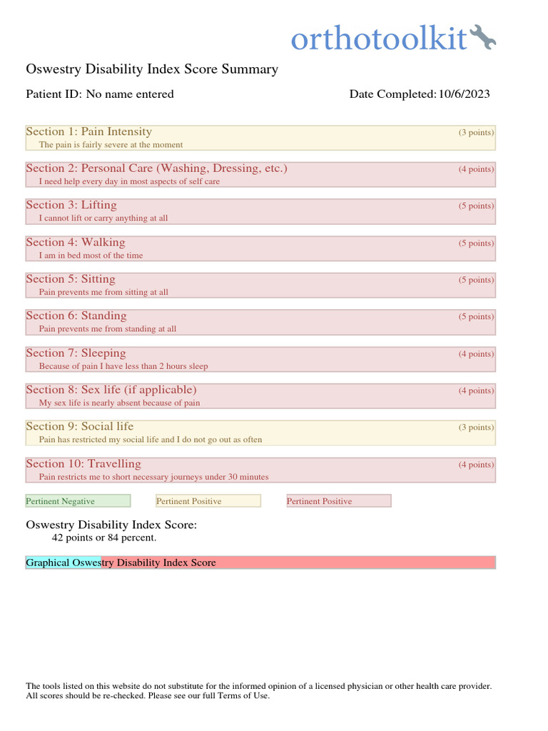 Oswestry Disability Index Score Summary | PDF