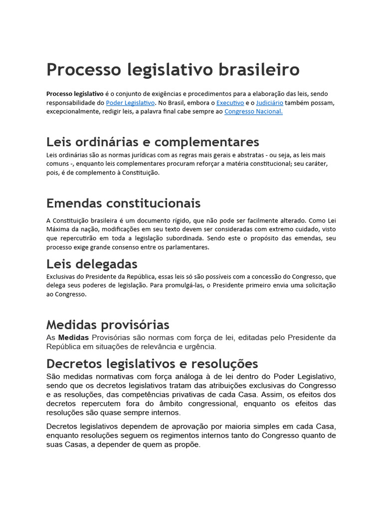 Leis Ordinárias e Delegadas no Brasil | PDF