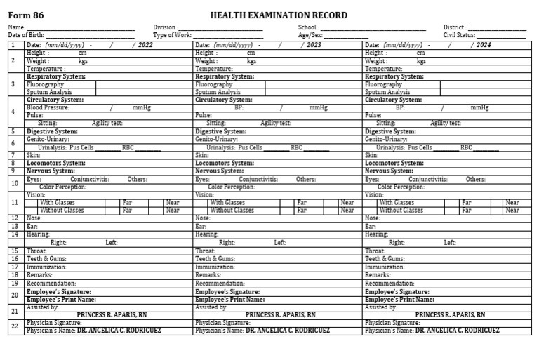 Form 86 2022 Health Examination Record | PDF | Medicine | Anatomy