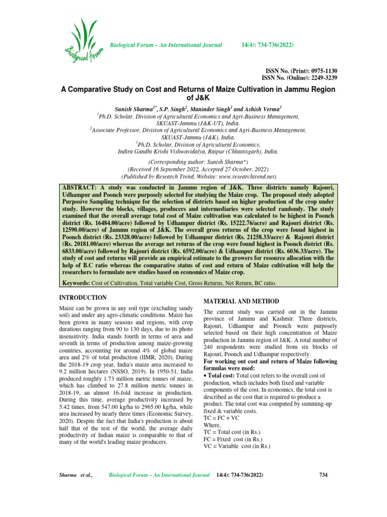 Comparative Study On Cost and Returns of Maize Cultivation in Jammu ...
