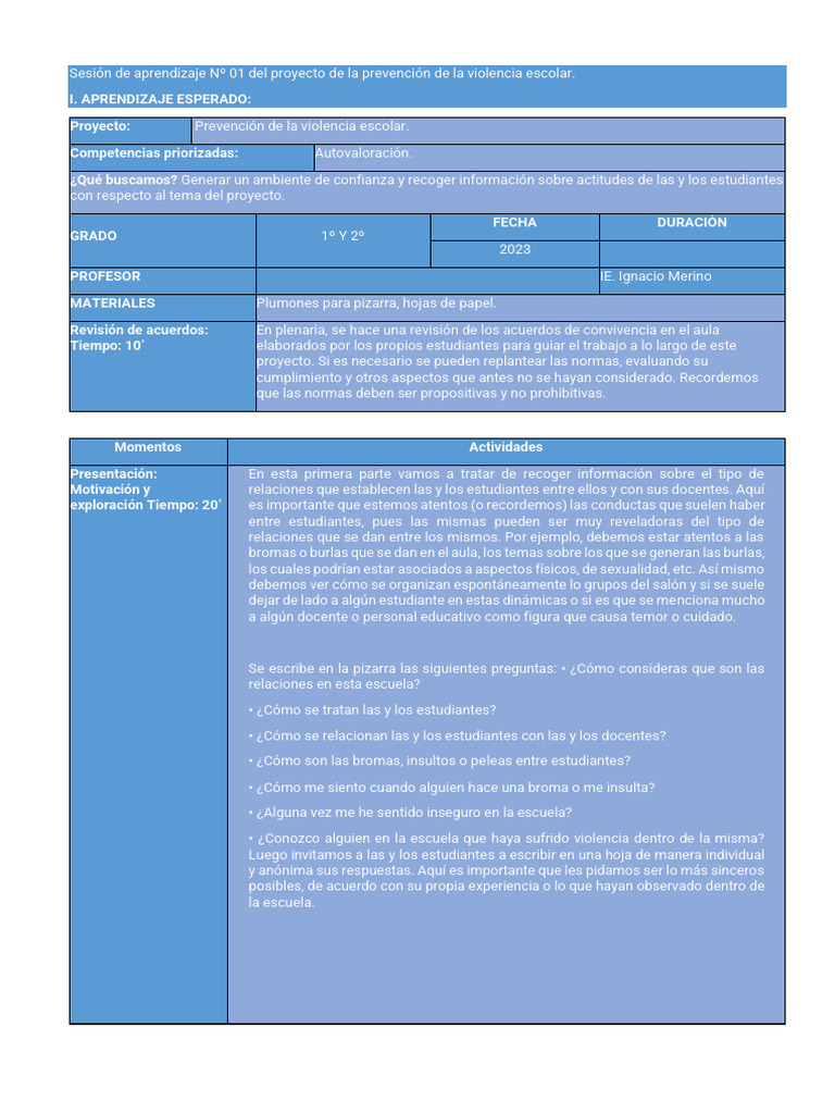 Sesión De Aprendizaje 01 Del Proyecto De La Prevención De La Violencia