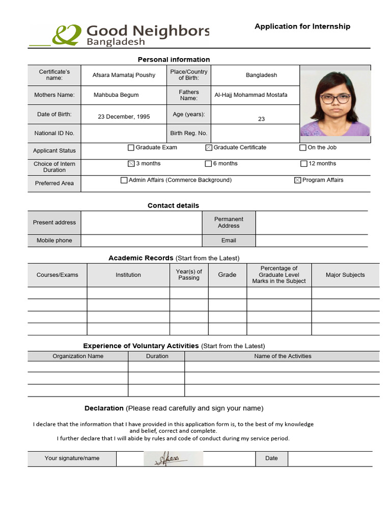 Application Form For Internship | PDF