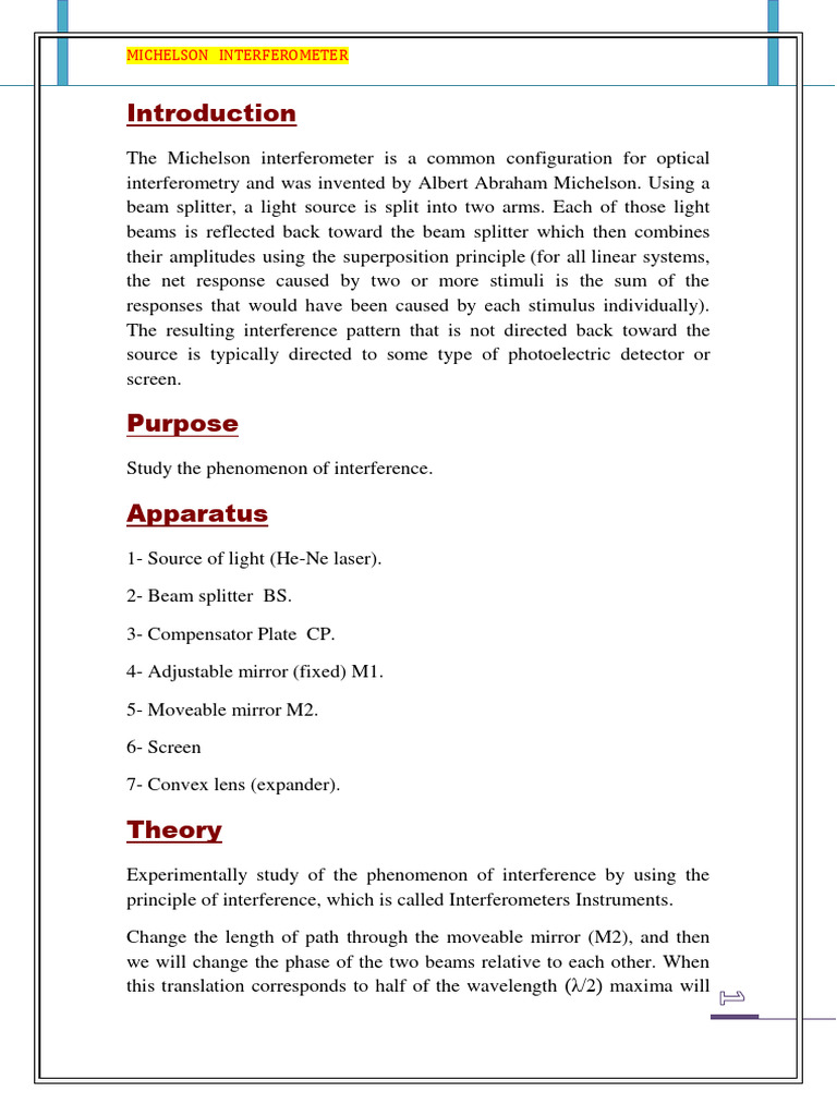 Michelson Interferometer Overview | PDF | Interferometry | Mirror