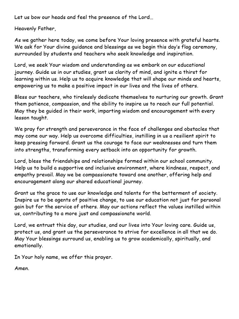 Prayer for School Flag Ceremony | PDF | Self-Improvement | Wellness