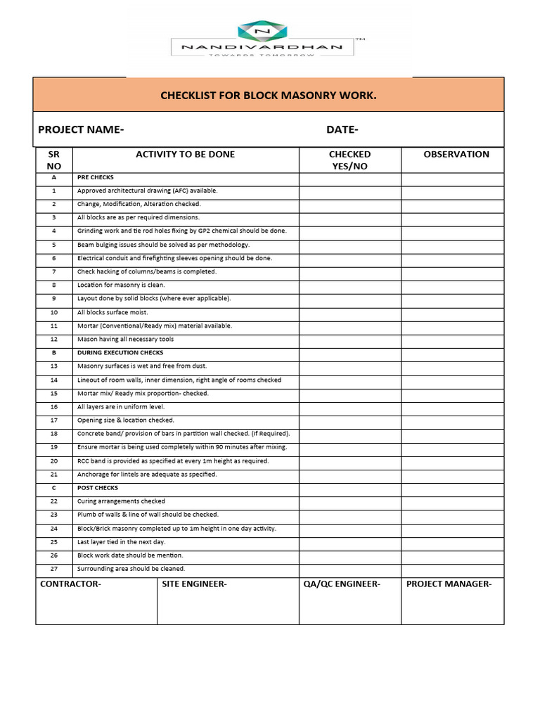 Checklist For Block Work Masonry | PDF | Technology & Engineering