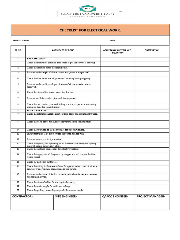 Checklist for Electrical work | PDF | Electrical Wiring | Electromagnetism