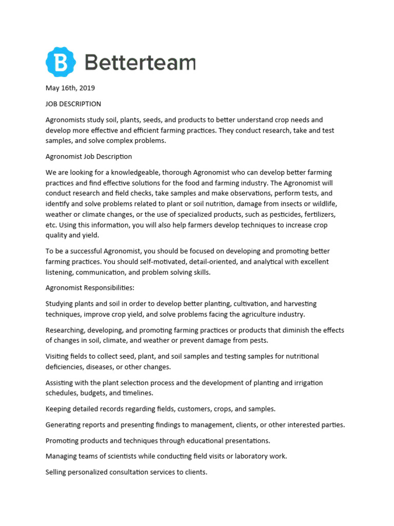 Cours 1 Agronomist Job Description PDF Agriculture Agronomy