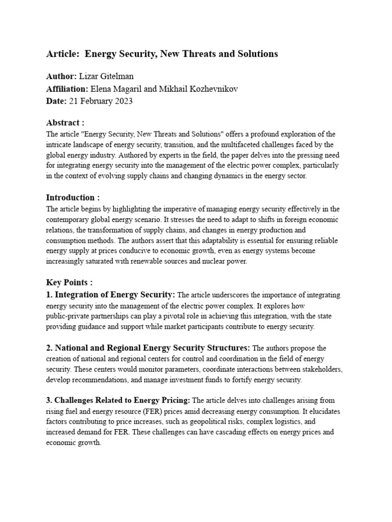 Article Energy Security New Threats And Solutions Pdf Energy
