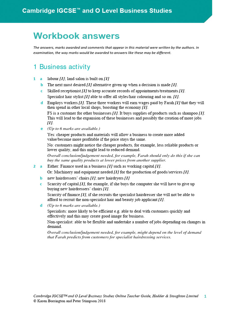 1 Business activity Workbook answers PDF Labour Economics Business Economics