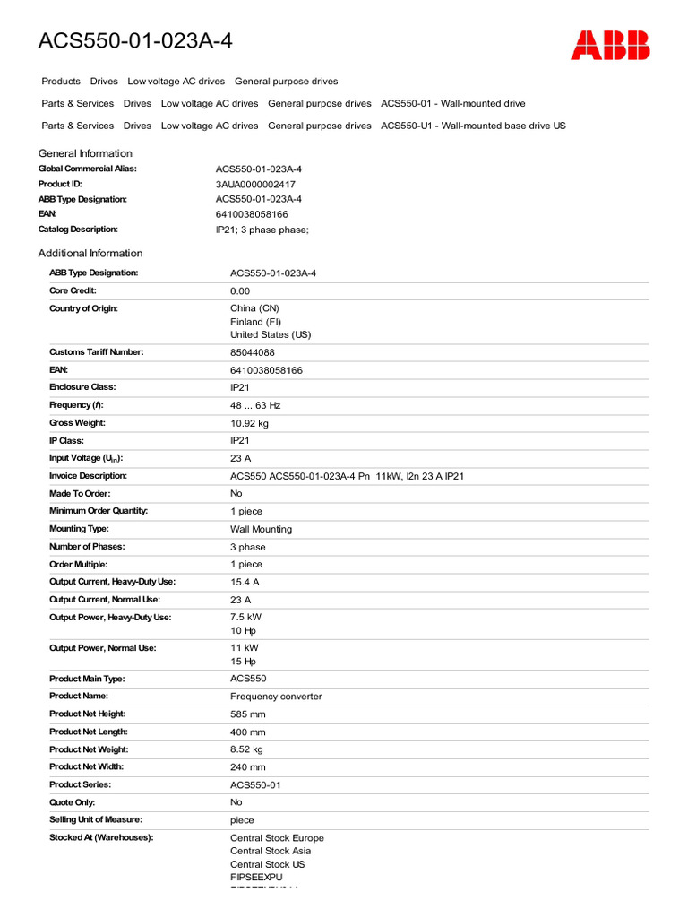 Datasheet ABB ACS550 01 023A 4 153746 PDF Alternating Current