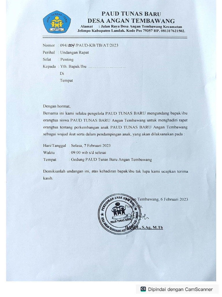 Surat Undangan Rapat Orangtua (PAUD Tunas Baru Angan Tembawang) 1 | PDF