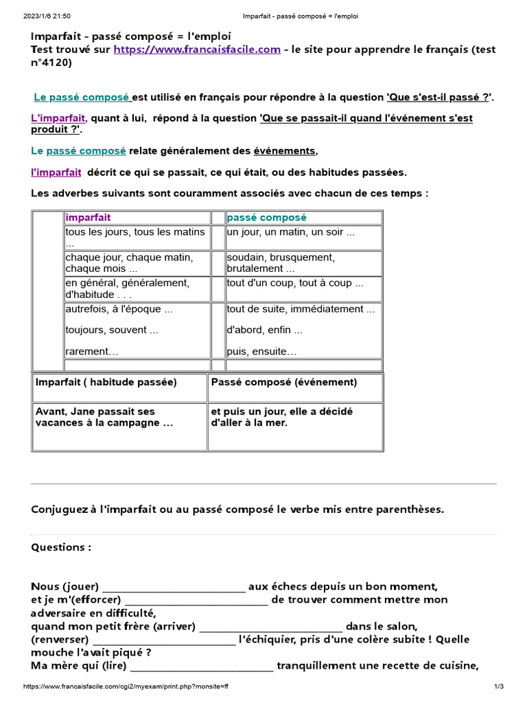 Imparfait - Passé Composé L'emploi | PDF