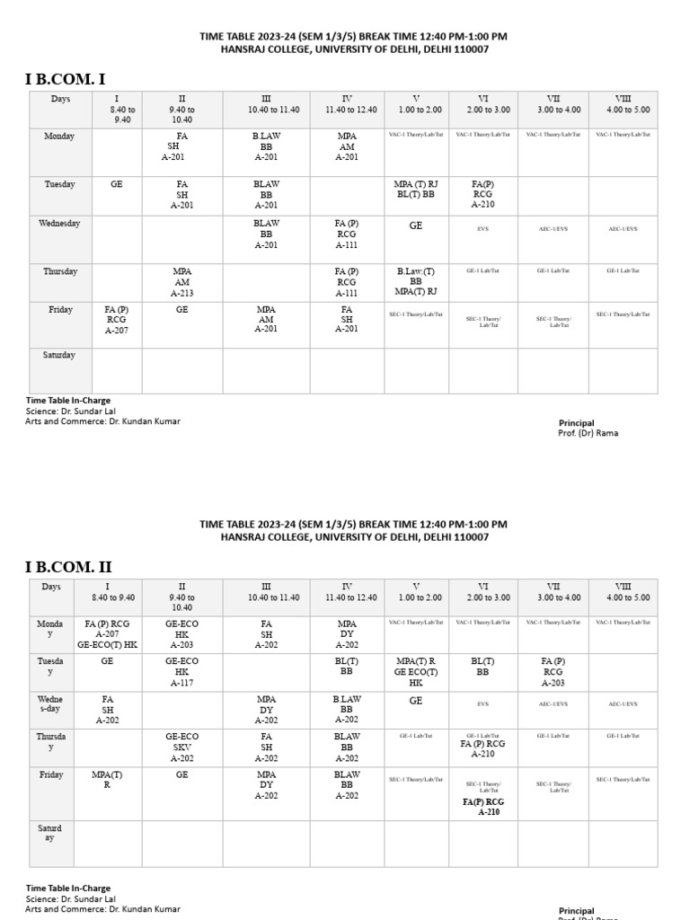 Commerc hons 1st year class time table pdf