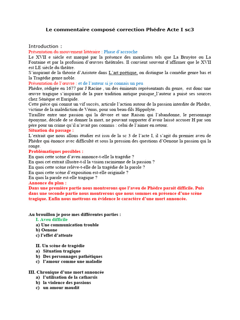 Le Commentaire Composé Correction Phédre Acte I sc3 | PDF