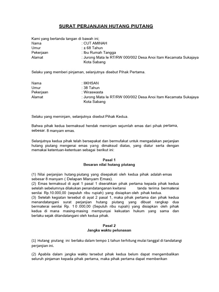Contoh Surat Perjanjian Hutang Piutang Pdf