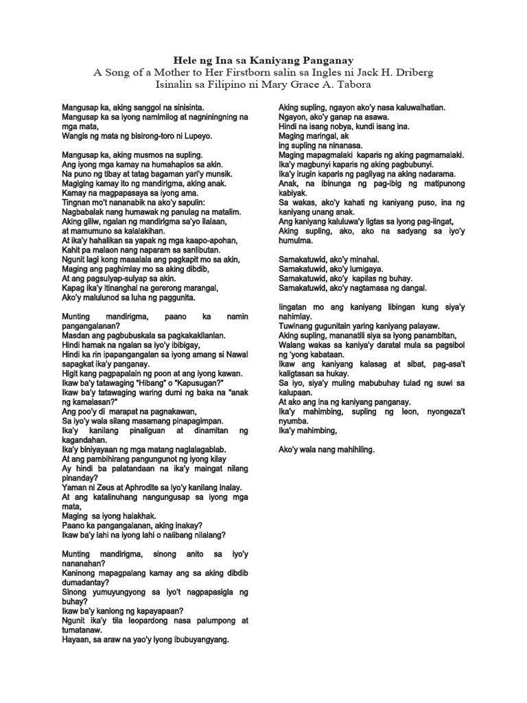 Hele NG Ina Sa Kaniyang Panganay - Tula | PDF