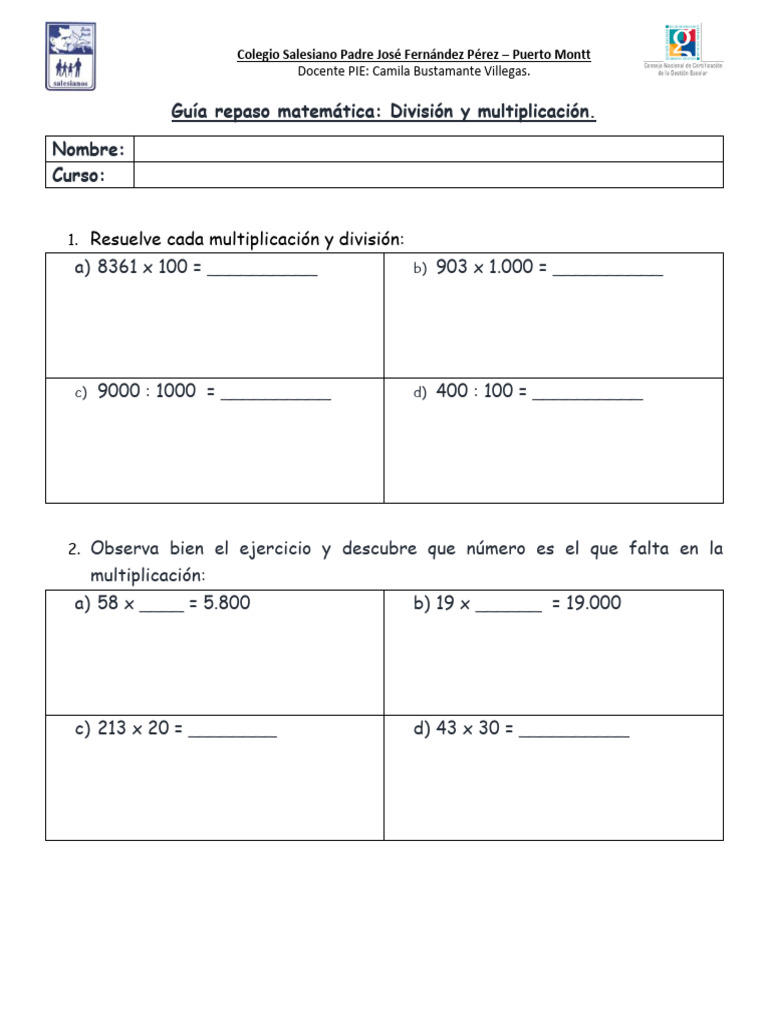 Guía Multiplicación y División 31.07 | PDF
