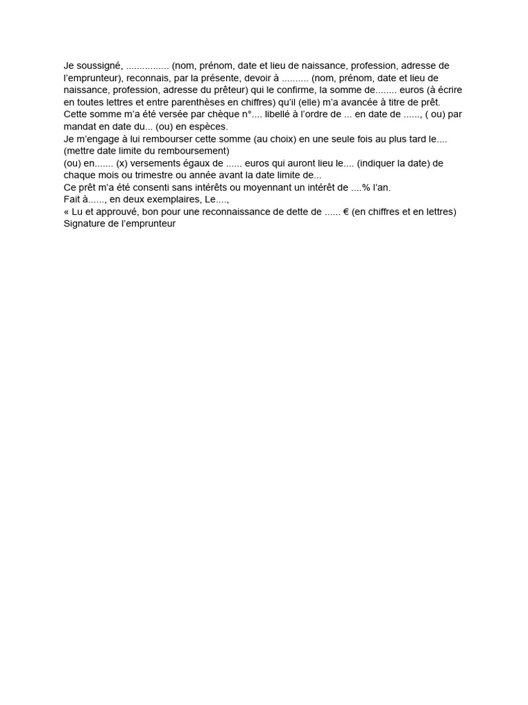Modèle de reconnaissance de dette simple | PDF