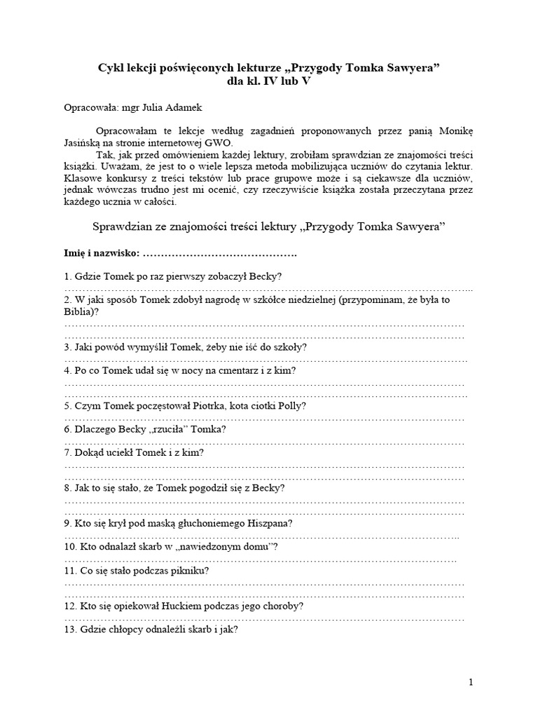 Cykl lekcji przygody tomka sawyera pdf