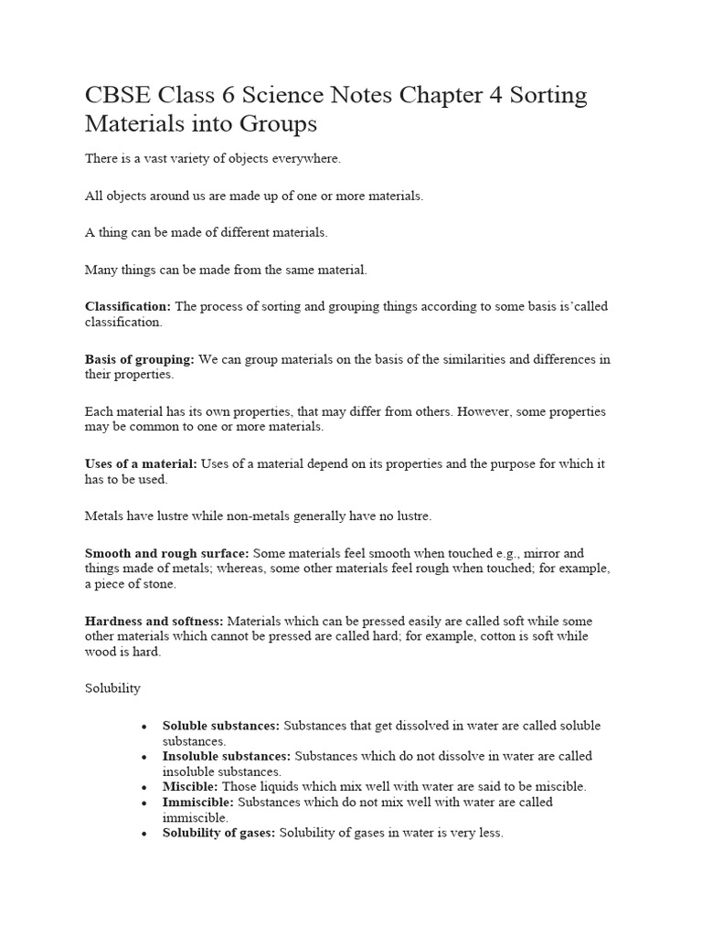 CBSE Class 6 Science Notes Chapter 4 Sorting Materials Into Groups PDF Solubility