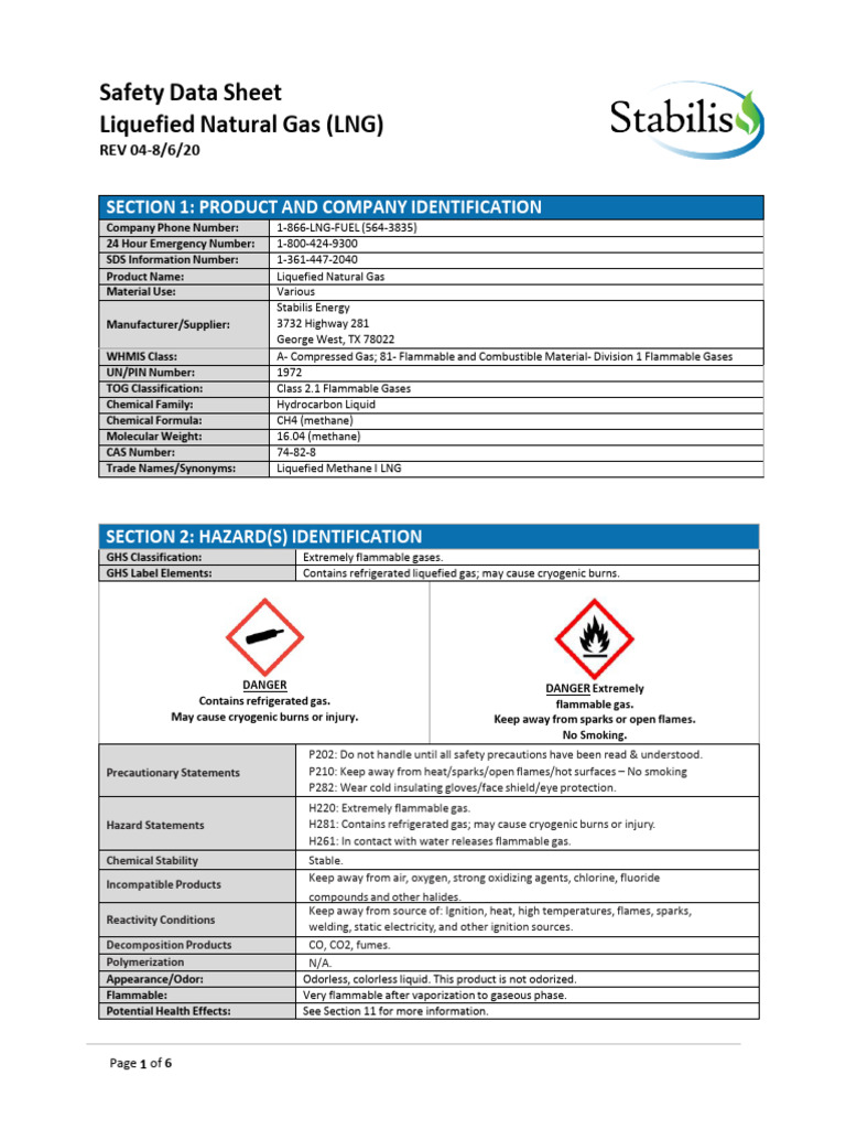 Stabilis SDS LNG Rev 4 PDF Combustion Liquefied Natural Gas