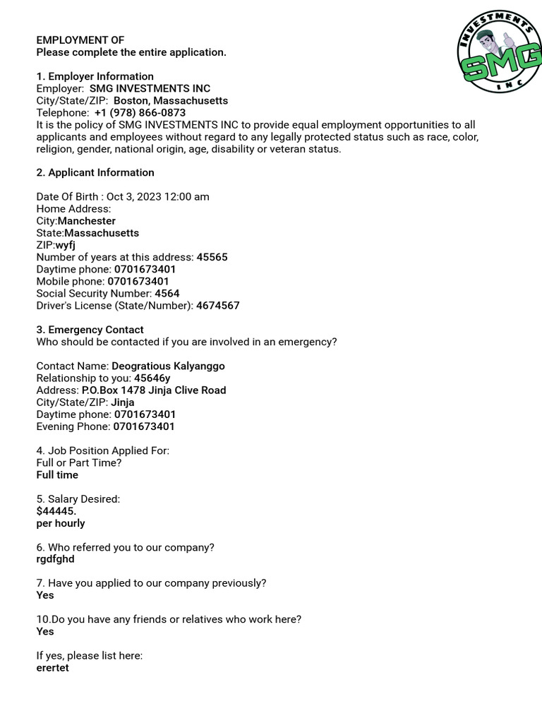 Employment Form | PDF