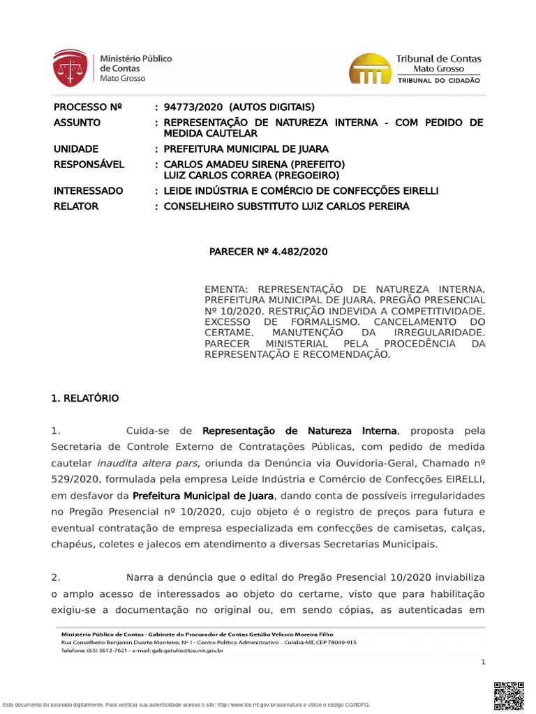 Parecer Do Ministerio Publico de Contas 94773 2020 02 | PDF | Intenção ...