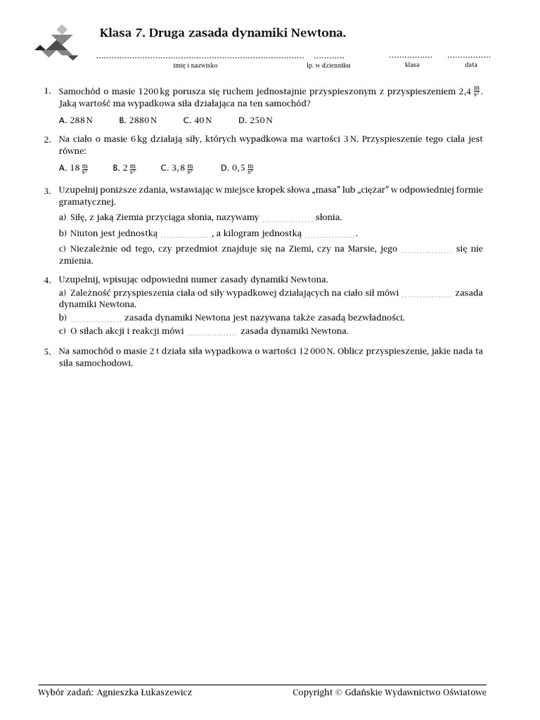 Druga Zasada Dynamiki Klasa 7 Zadania Druga Zasada Dynamiki Zadania | PDF