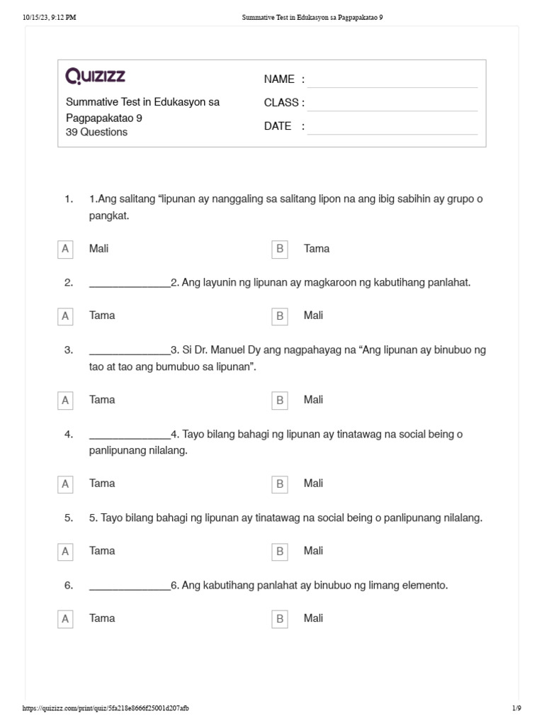 Summative Test ESP 9 | PDF