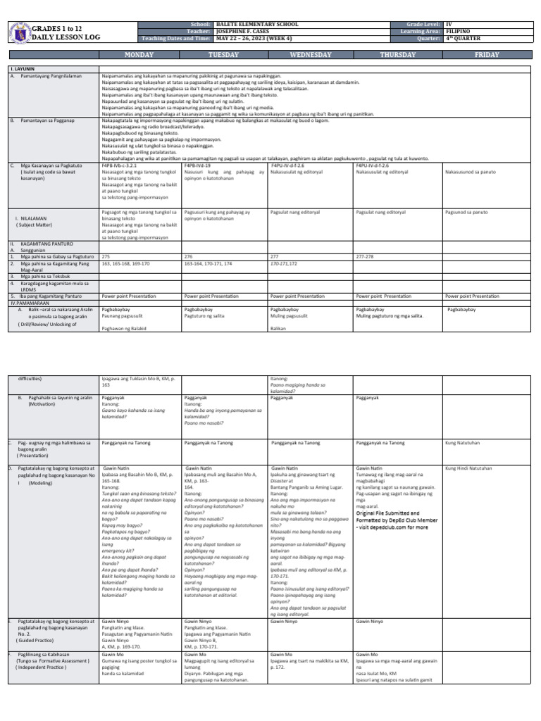 DLL Filipino 4 q4 w4 | PDF