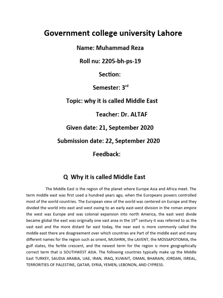 M Raza 2205-bh-ps-19 1st Assignment Why It Is Called Middle East | PDF