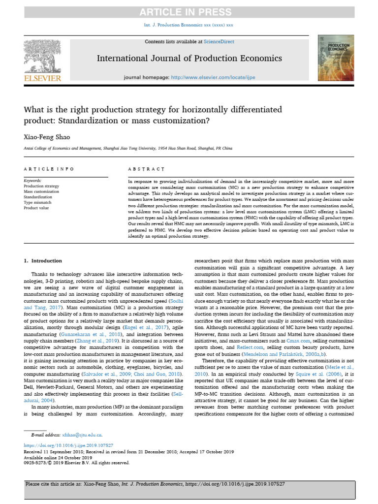 Production Strategies: Standardization vs. Mass Customization | PDF ...