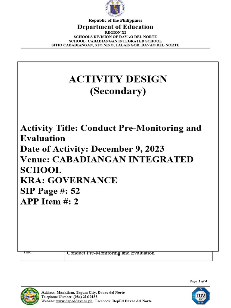 Pre-Monitoring Activity Design | PDF