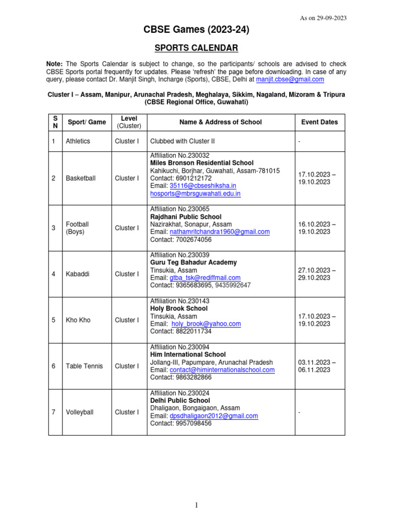 CBSE Sports Calendar 2023 24 PDF