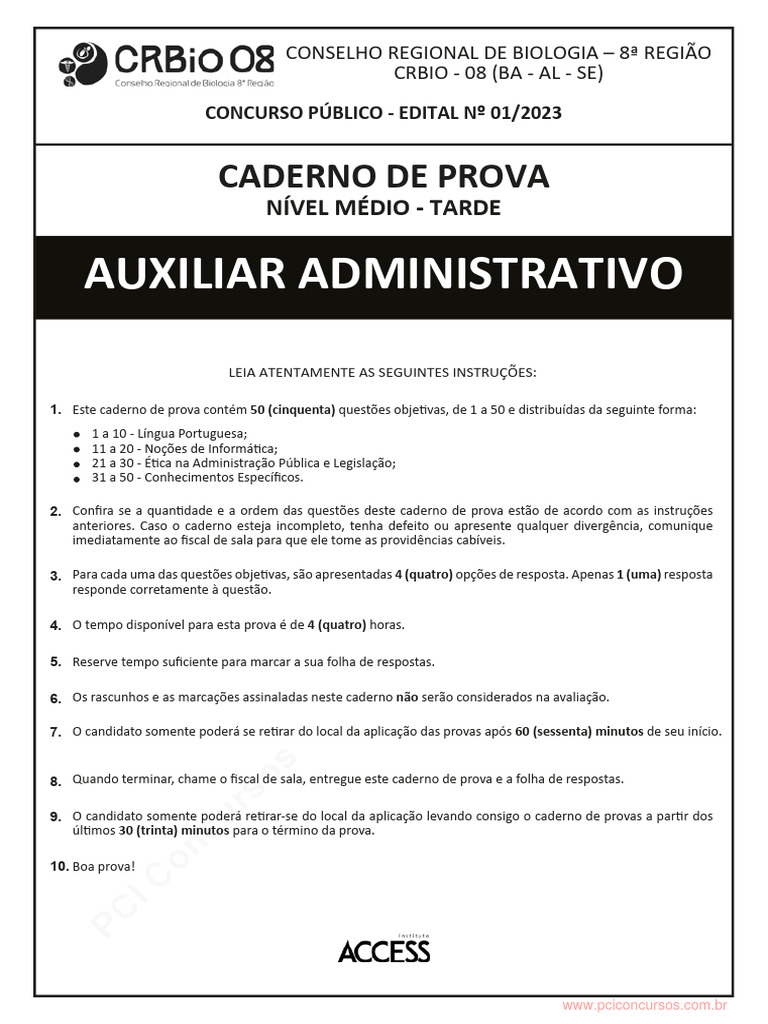 Prova Auxiliar Administrativo CRBio 08/2023 | PDF | Tecnologia da ...