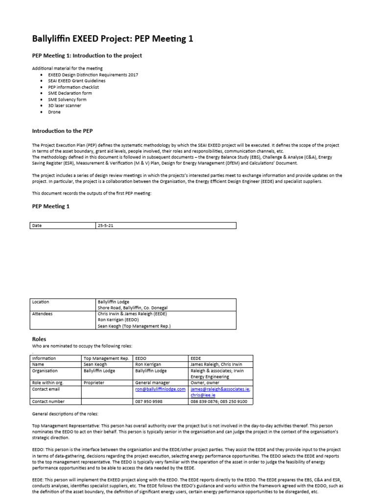 Ballyliffin EXEED Project PEP Meeting Summary | PDF