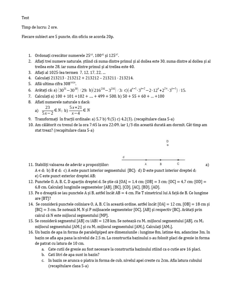 Test Matematica Clasa 6 A | PDF