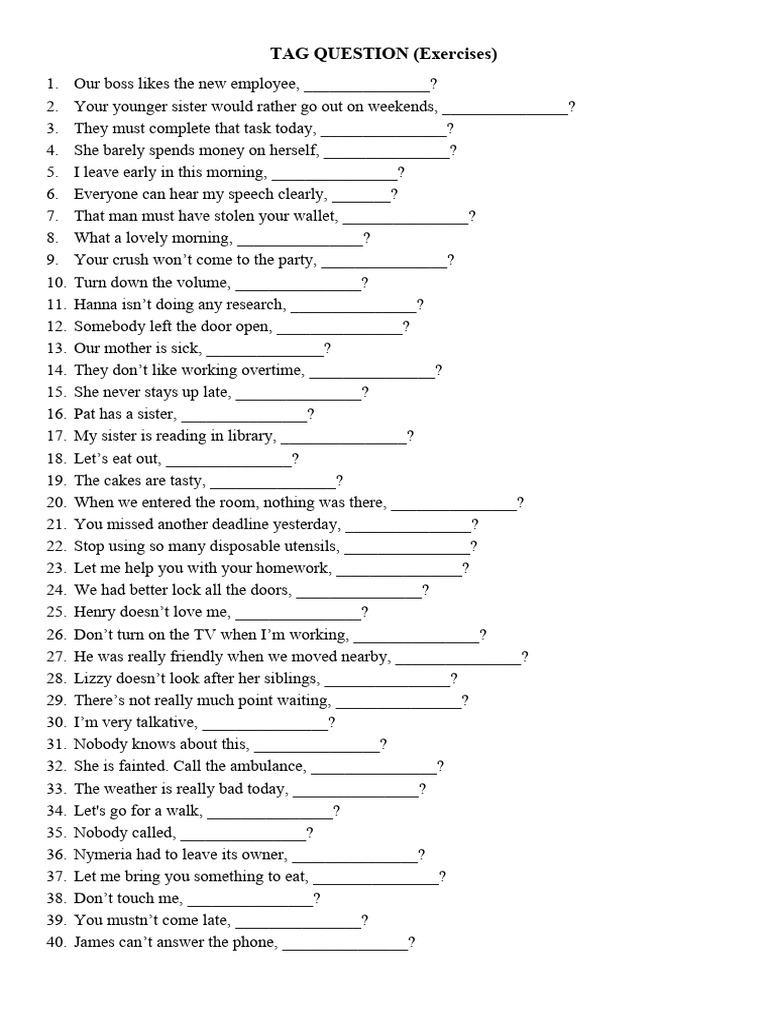 Tag Question Exercises Worksheet | PDF