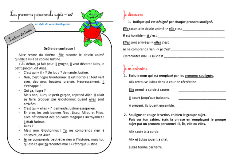 Les pronoms personnels en CE1 | PDF