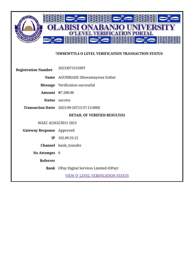 O Level Verification Success Report | PDF