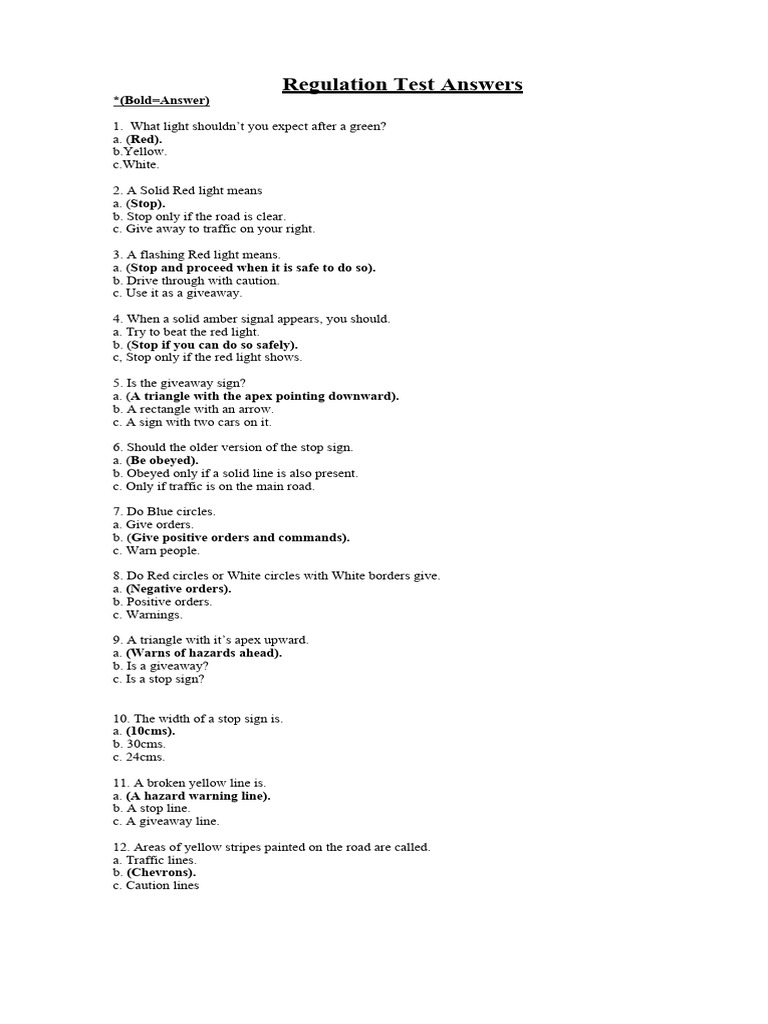 Regulation Test Answers PDF Traffic Light Traffic