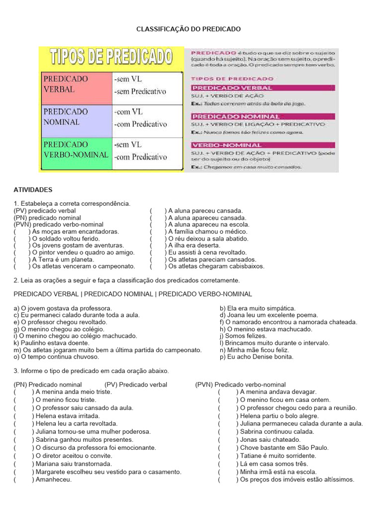 Atividades sobre Tipos de Predicado | PDF