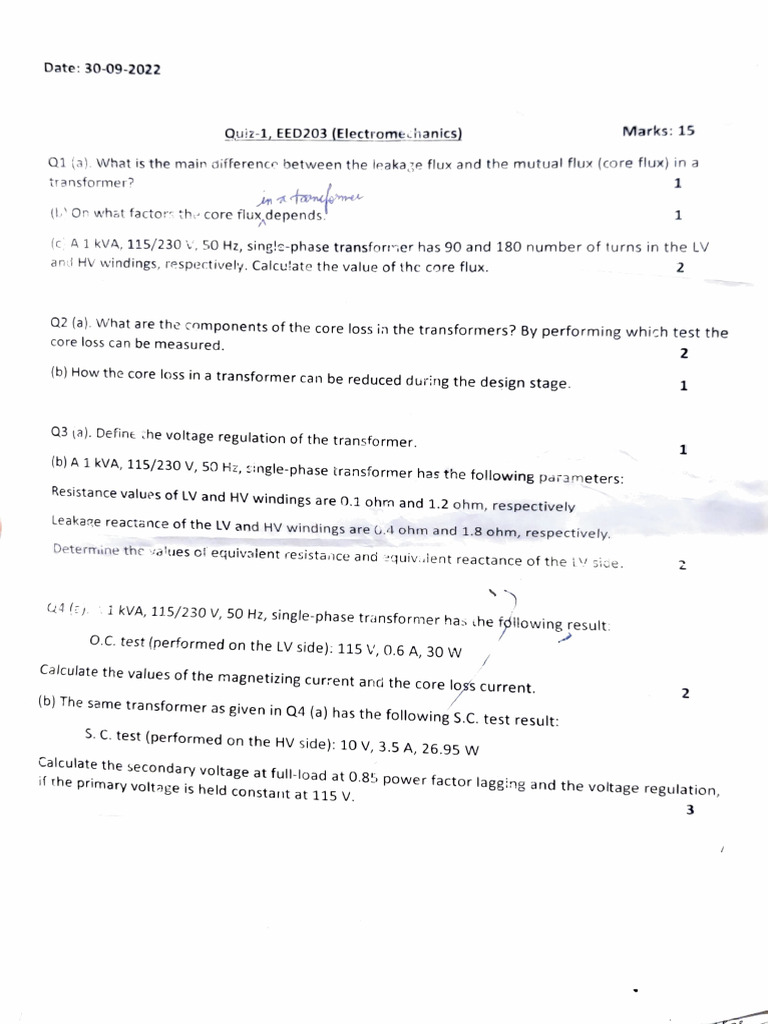Electromech Quiz 1 PDF Transformer Electric Power