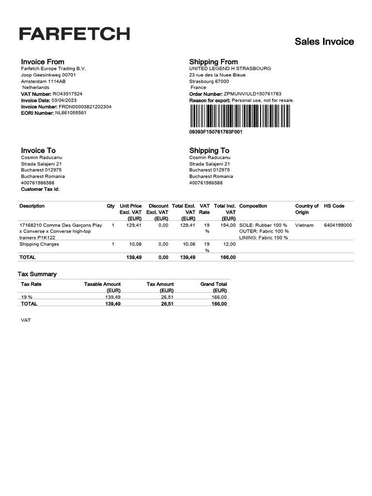 Farfetch Europe Invoice - April 2023 | PDF | Value Added Tax | Invoice