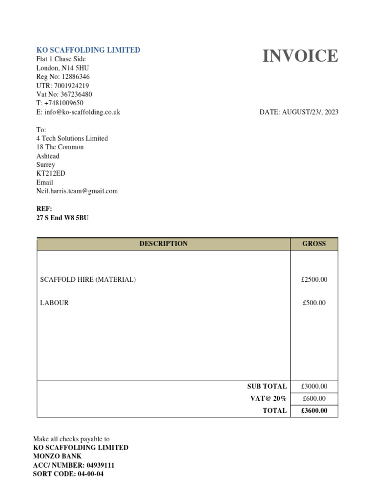 Scaffolding Invoice for August 2023 | PDF